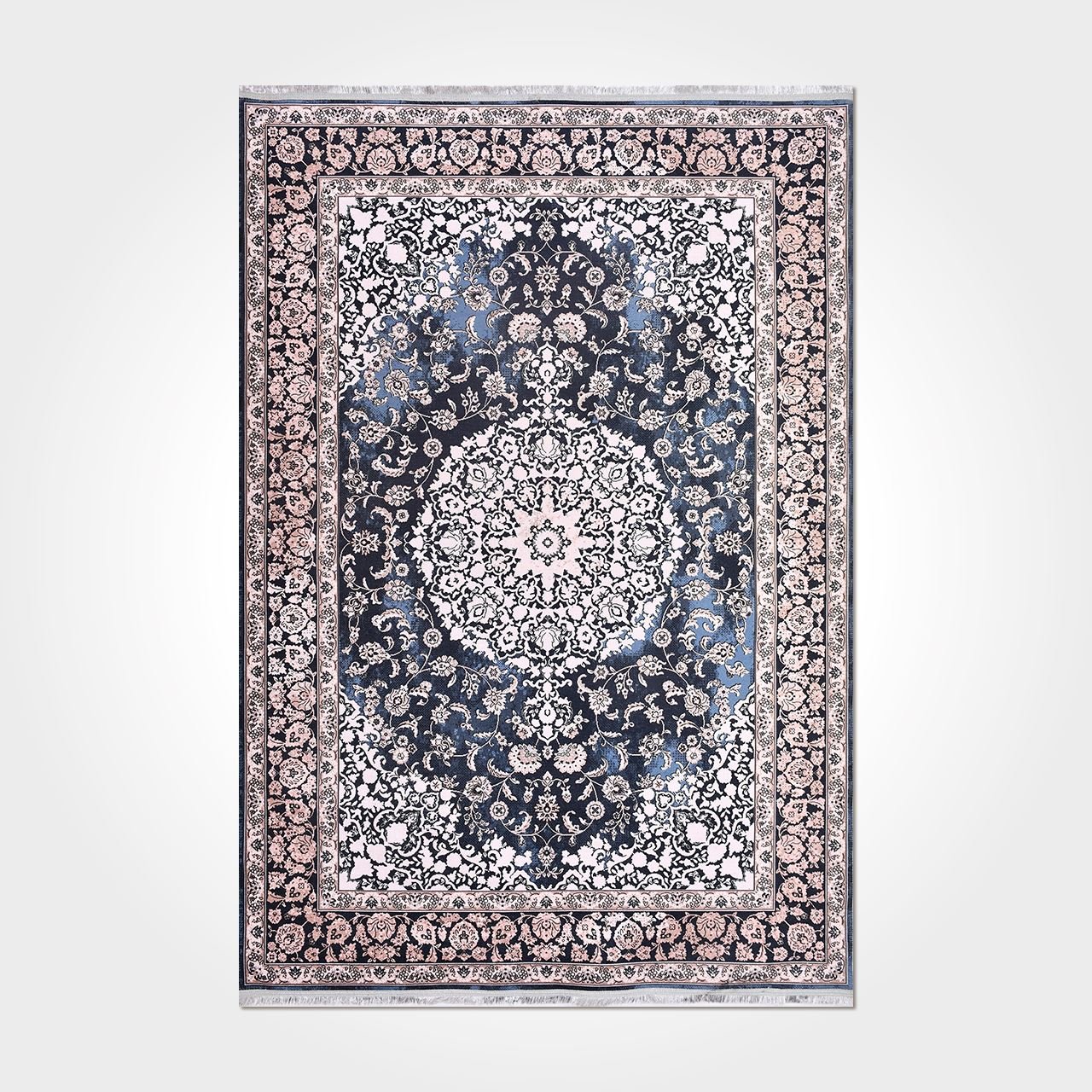 Chenille Area Rug – Washable Non Slip Navy Frame Kilim Rug with Classic Style