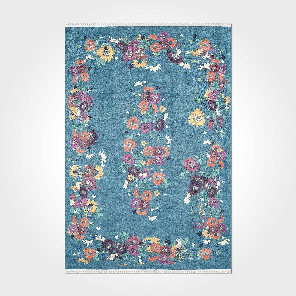 Blue Floral Area Rug – Washable Non Slip Chenille Cotton Carpet with Soft Texture