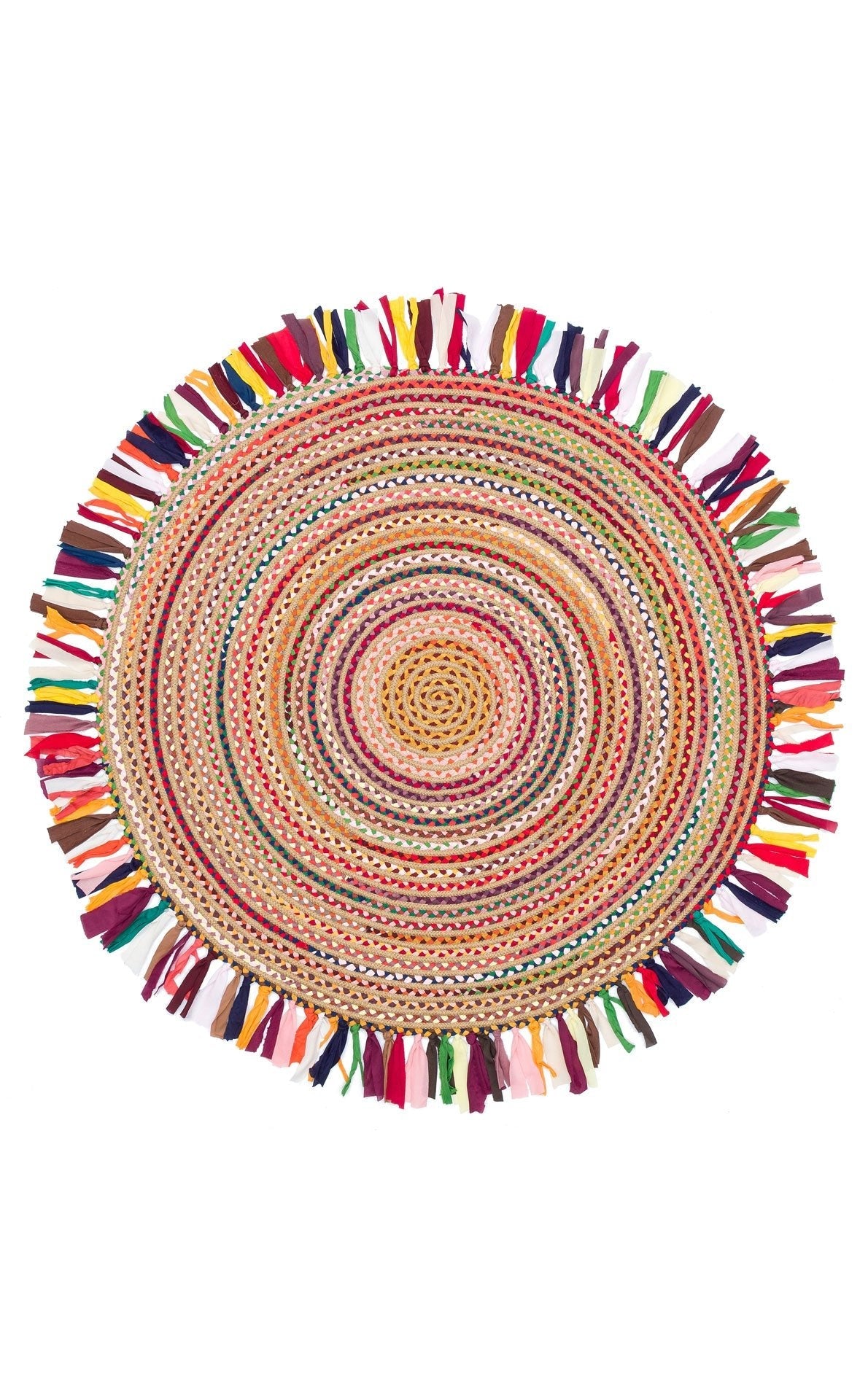Round Jute Rug - Geometric Jute Rug with Colorful Knit Carpet & Soft Texture