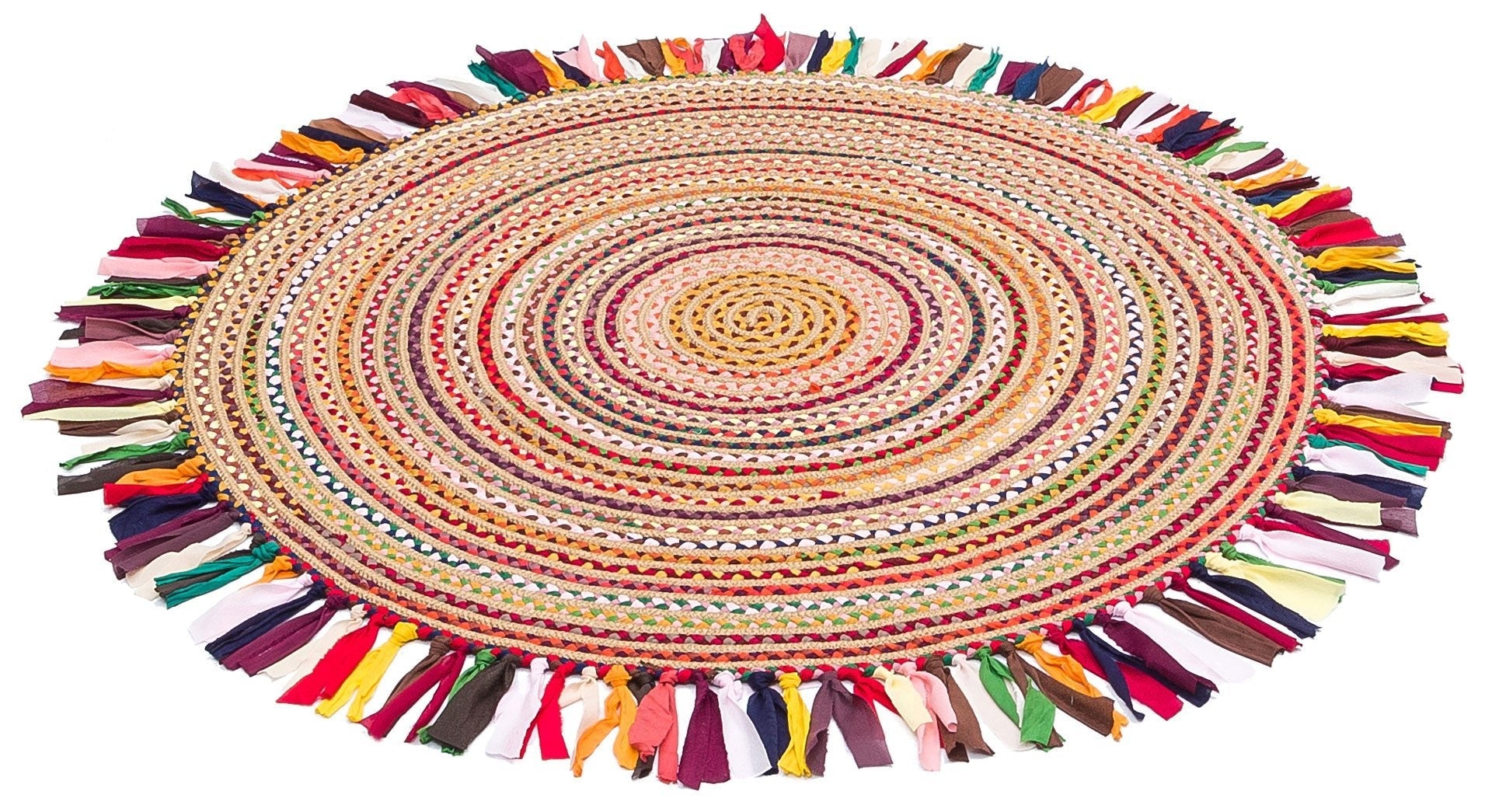 Round Jute Rug - Geometric Jute Rug with Colorful Knit Carpet & Soft Texture