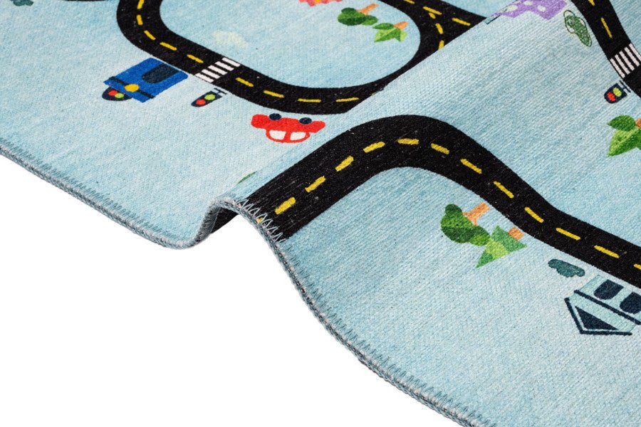 Blue Cotton Area Rug – Digital Print Figured Chenille Fabric Carpet for Kids Room