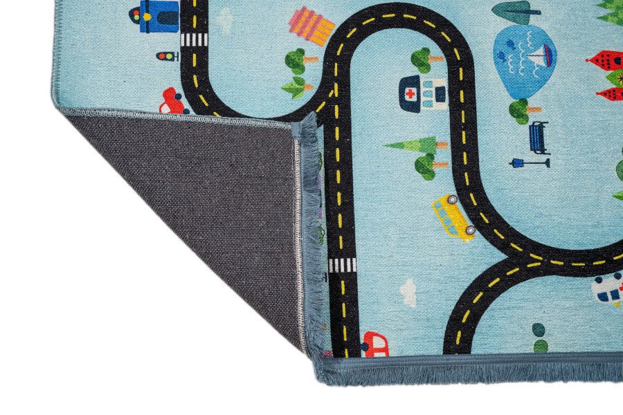 Blue Cotton Area Rug – Digital Print Figured Chenille Fabric Carpet for Kids Room