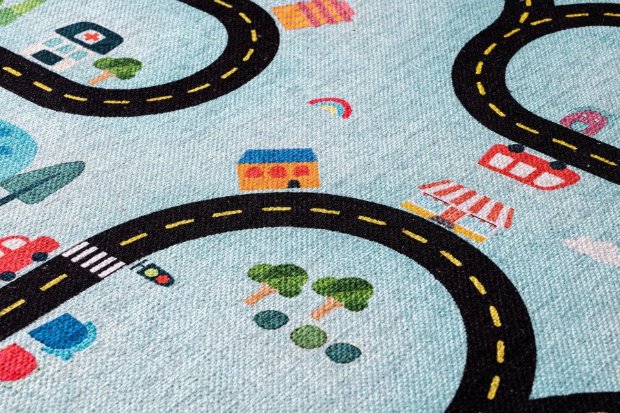 Blue Cotton Area Rug – Digital Print Figured Chenille Fabric Carpet for Kids Room