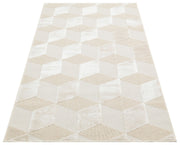 Geometric Wool Area Rug - Machine Made Cream Flatweave Carpet with Soft Texture