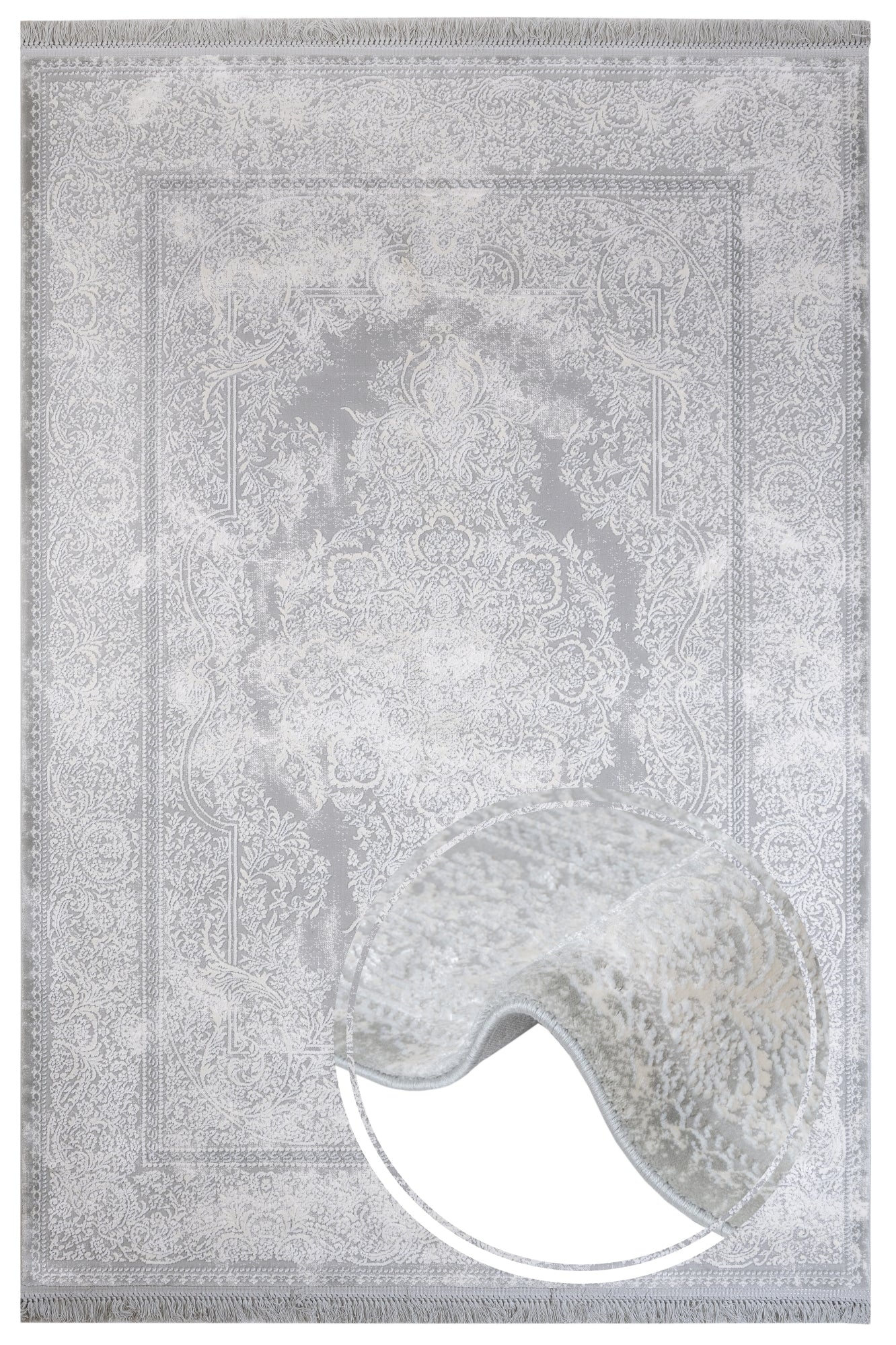Machine Made Area Rug | Classic Grey Acrylic Rug with Fringed Edges