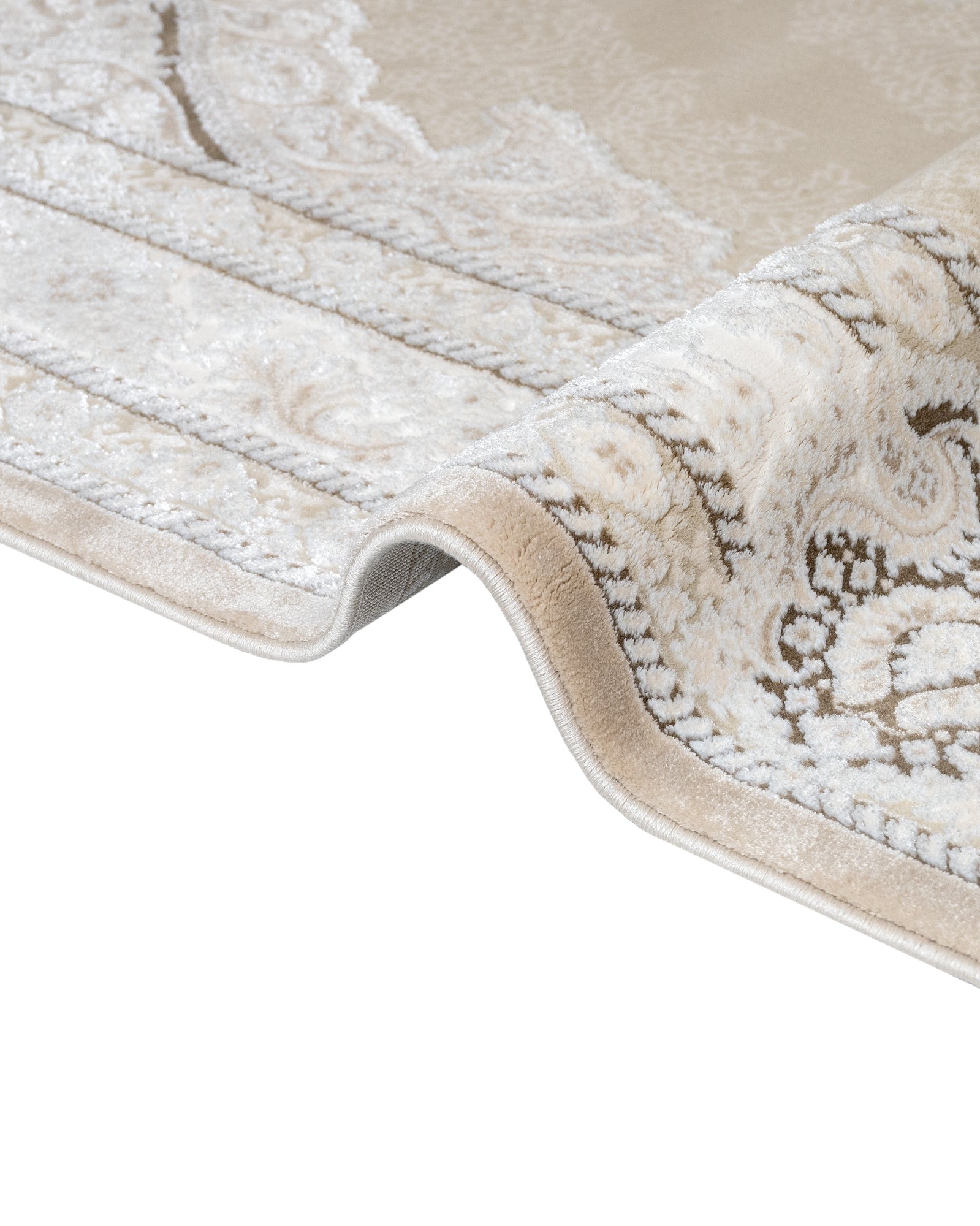 Classic Area Rug – Machine Made Beige Acrylic Carpet With Fringed Edges
