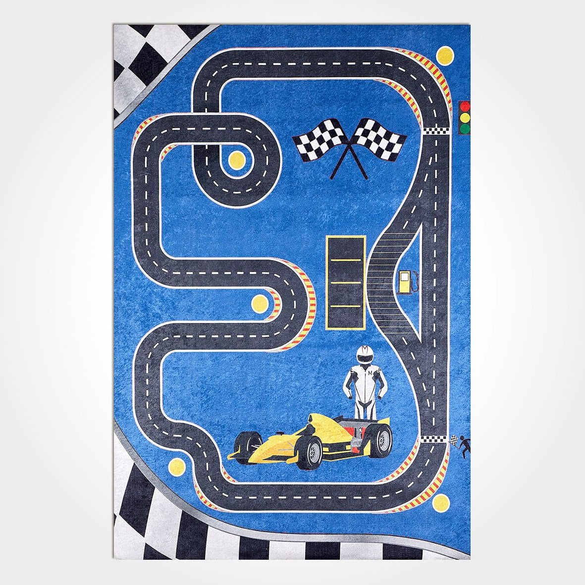 Kids Blue Rug - Machine Made Cotton Chenille Carpet | Washable Non Slip Playroom Mat