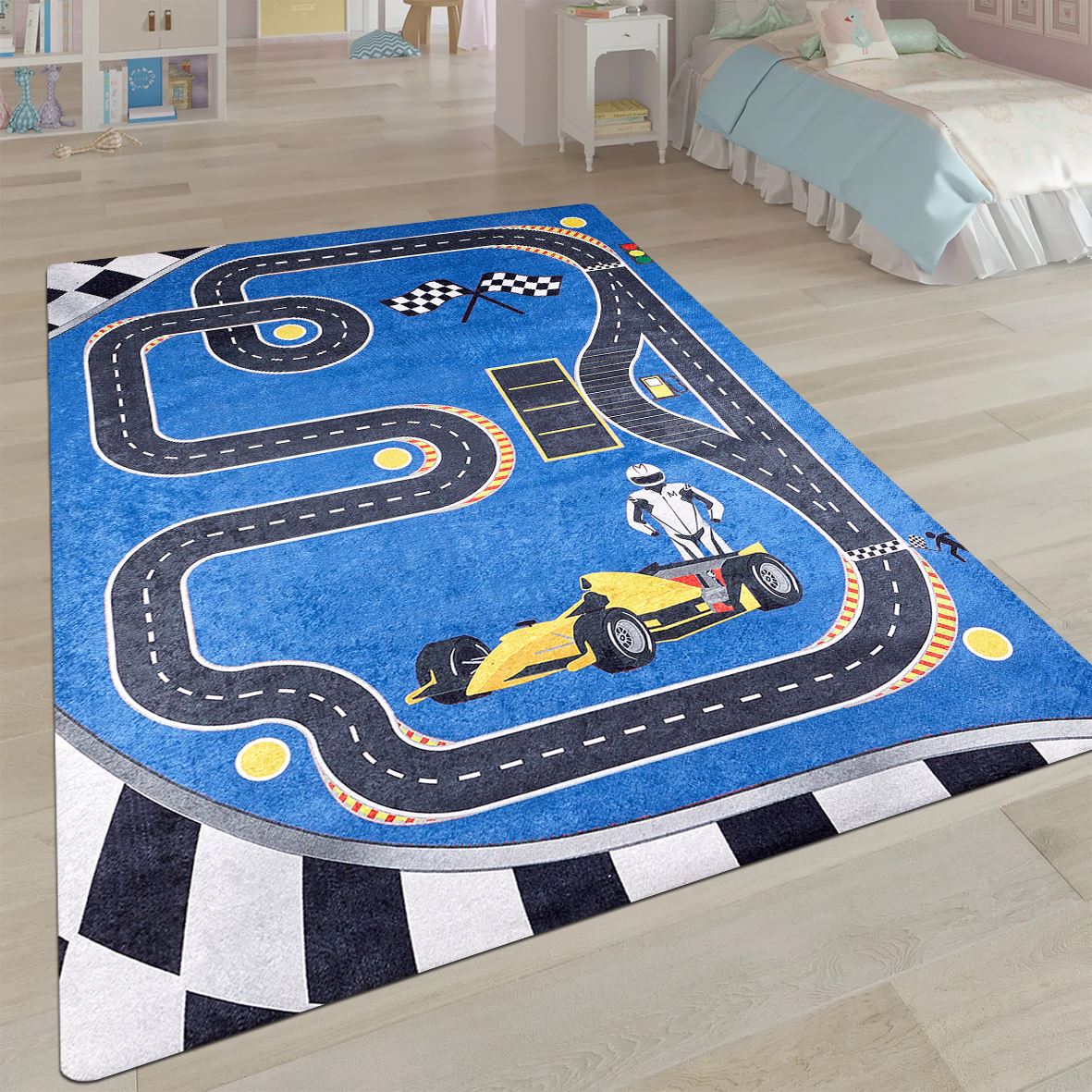 Kids Blue Rug - Machine Made Cotton Chenille Carpet | Washable Non Slip Playroom Mat