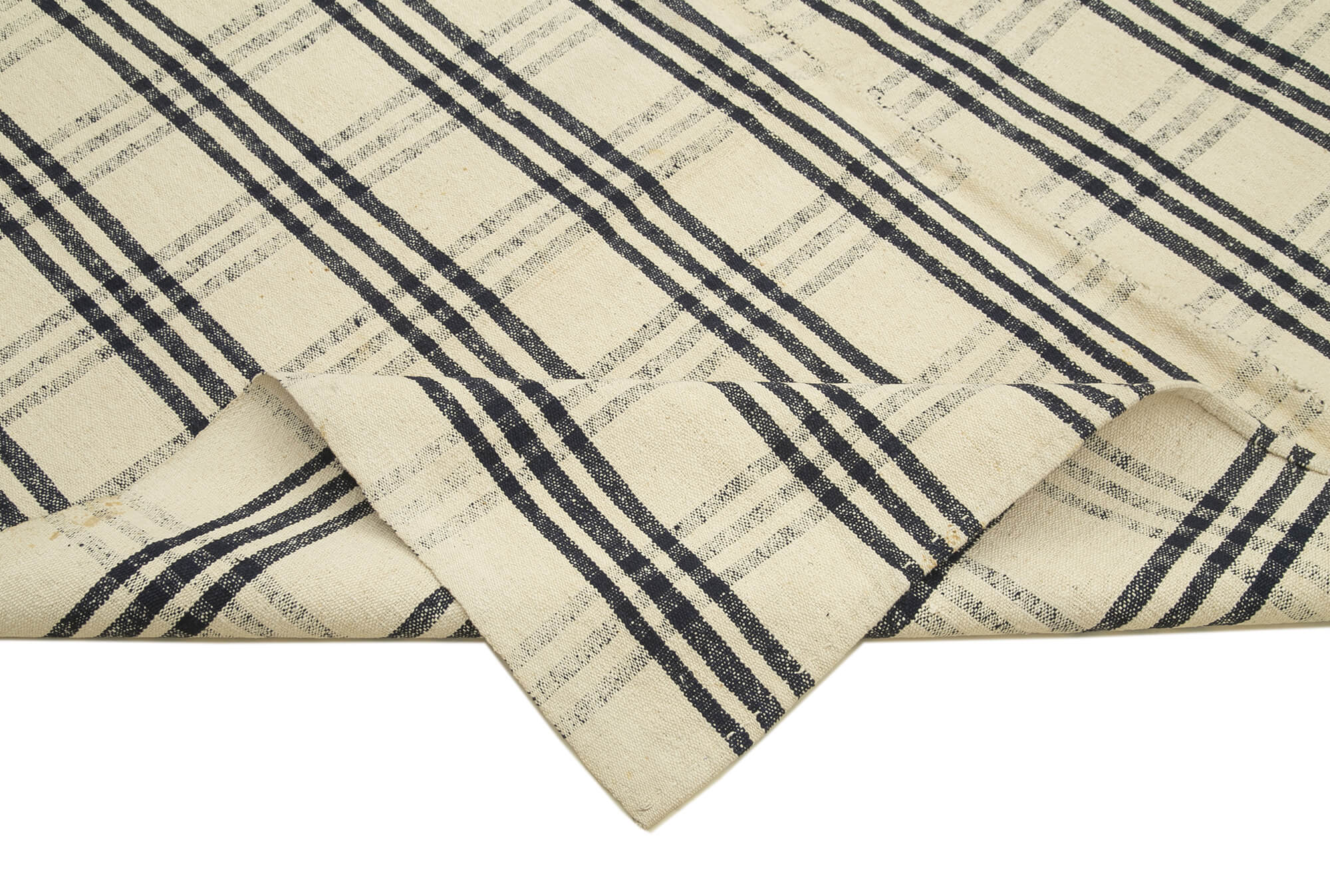 Handmade Area Rug - Anatolian Kilim Beige Striped Cotton Wool Blend 6'9''x10'7''