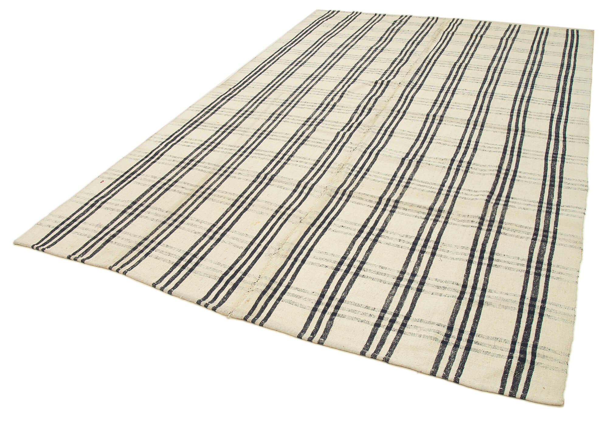 Handmade Area Rug - Anatolian Kilim Beige Striped Cotton Wool Blend 6'9''x10'7''