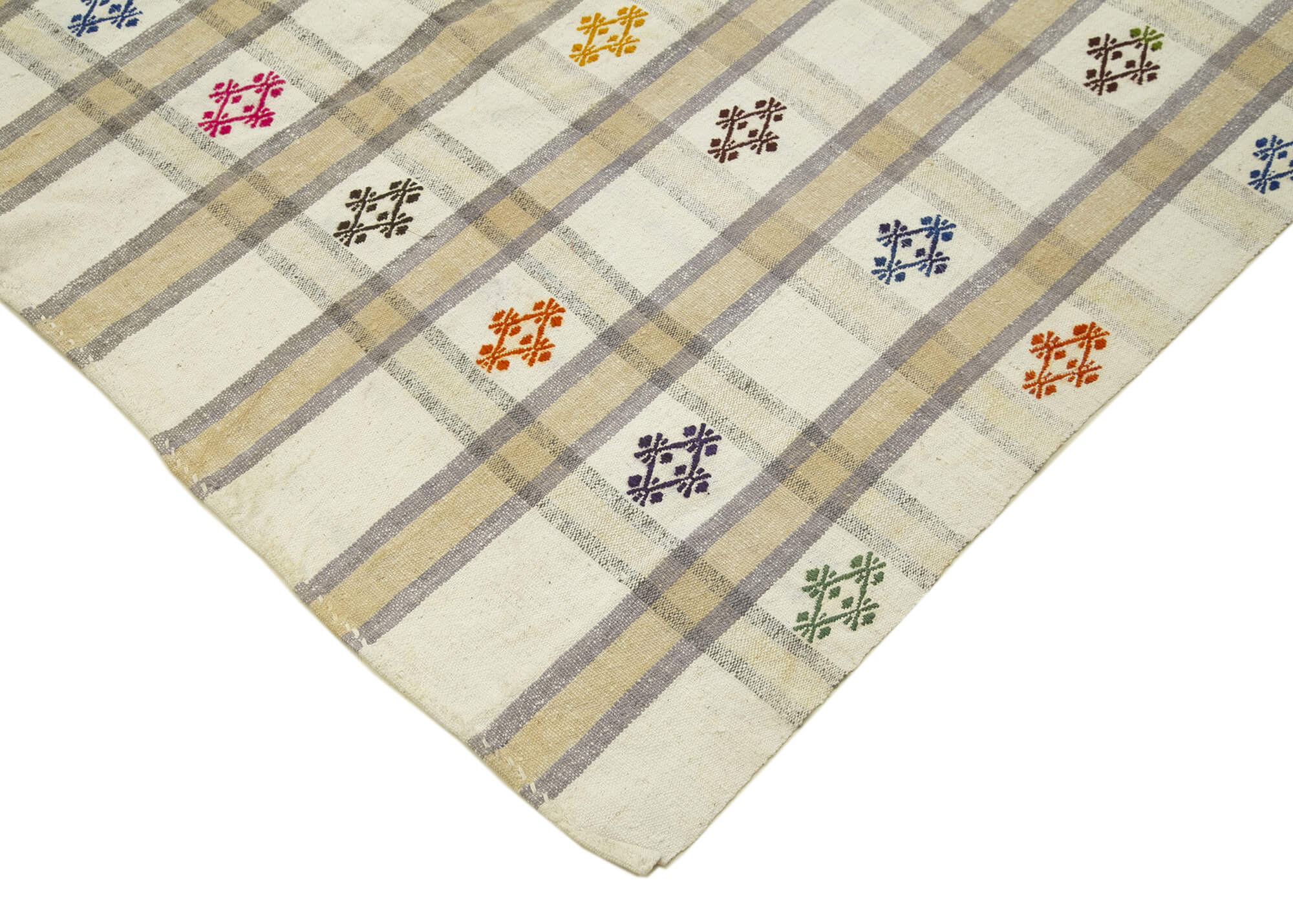 Handmade Area Rug - Anatolian Kilim Beige Striped Cotton Wool Carpet 8'4''x10'3''