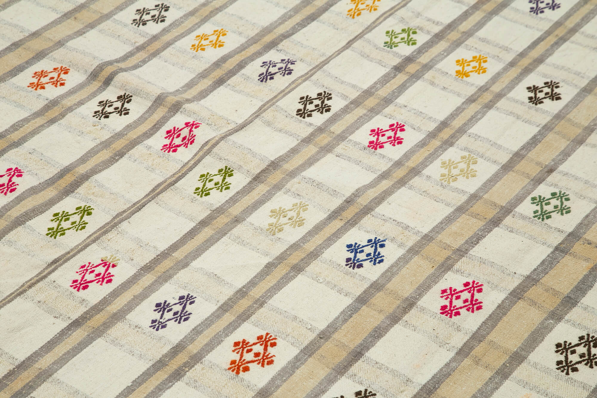 Handmade Area Rug - Anatolian Kilim Beige Striped Cotton Wool Carpet 8'4''x10'3''