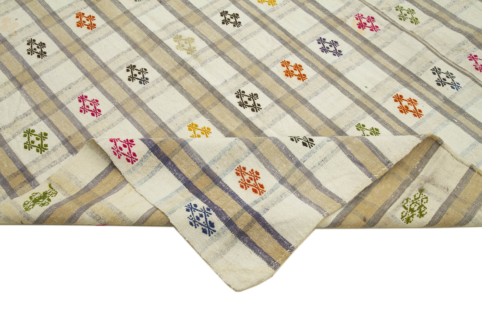 Handmade Area Rug - Anatolian Kilim Beige Striped Cotton Wool Carpet 8'4''x10'3''