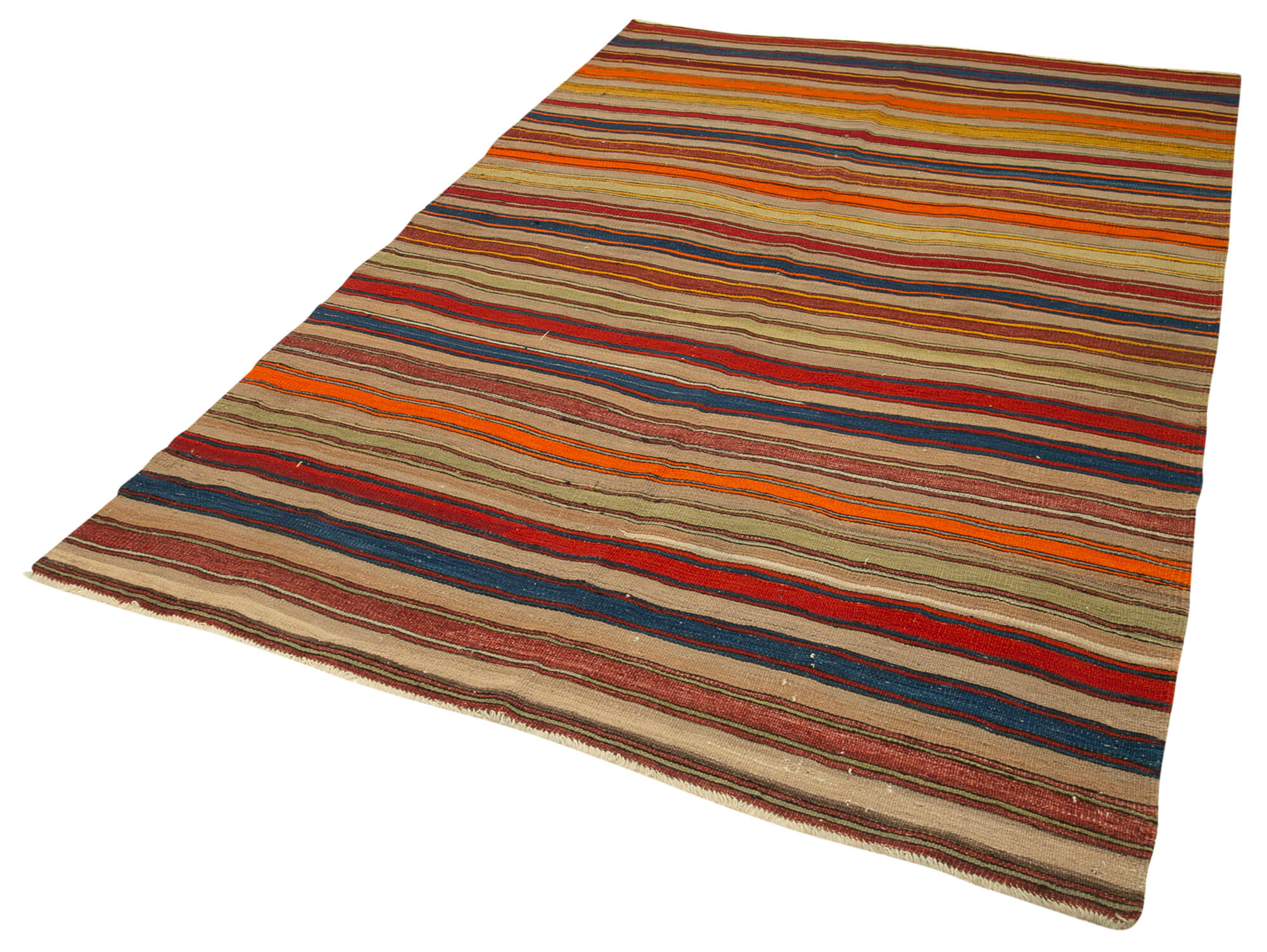 Handmade Area Rug - Anatolian Kilim Striped Cotton Wool Carpet 5'4''x8'3''