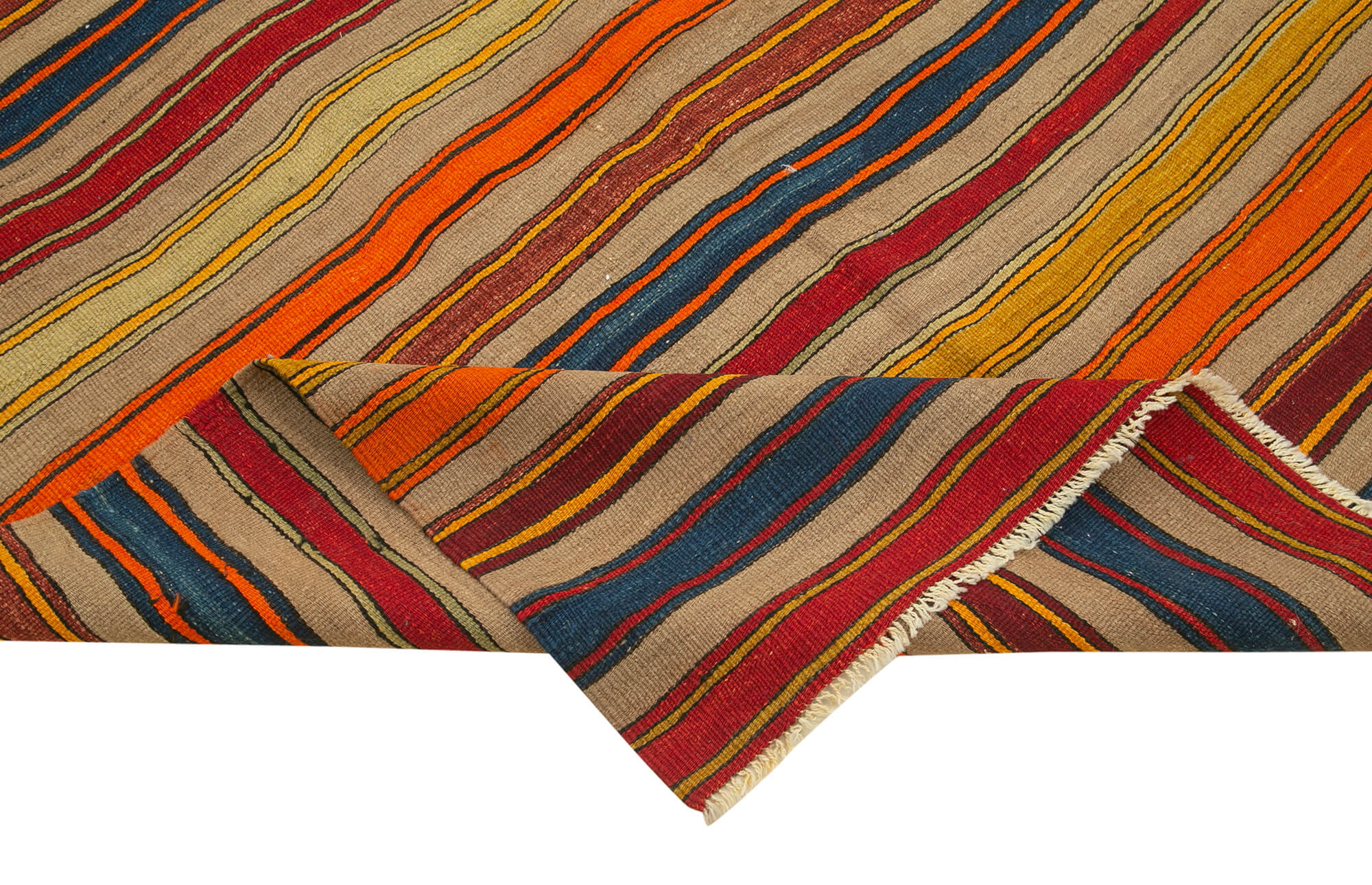 Handmade Area Rug - Anatolian Kilim Striped Cotton Wool Carpet 5'4''x8'3''