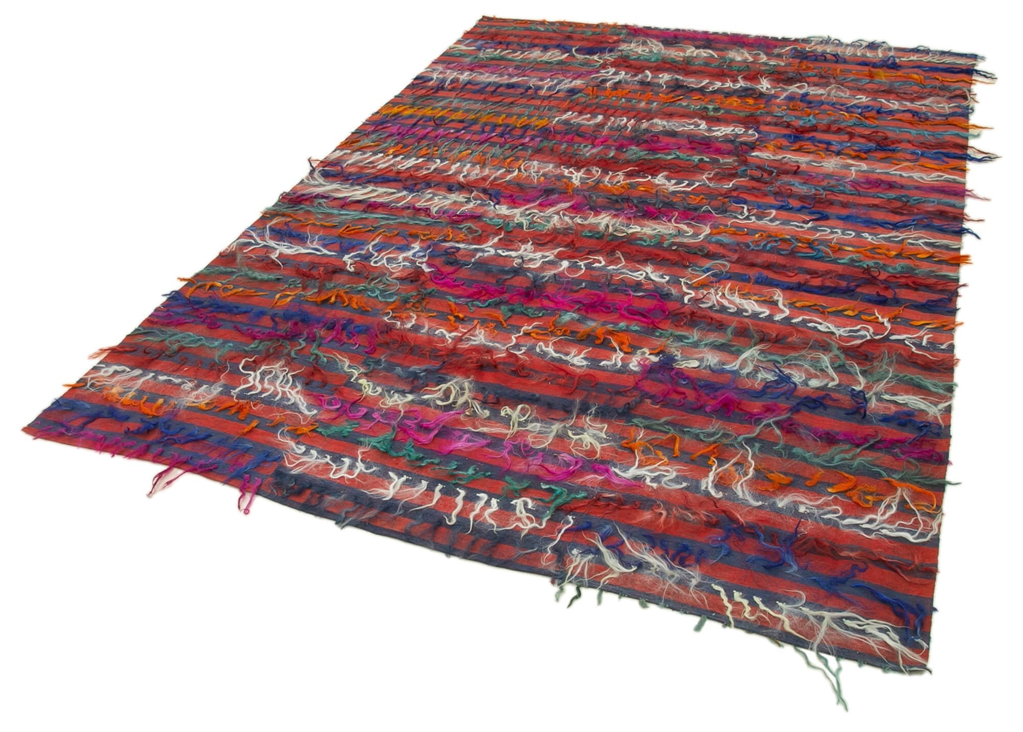 Handmade Area Rug - Anatolian Kilim Striped Cotton Wool Vintage Turkish Carpet 6'x8'7"