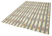 Handmade Area Rug - Anatolian Kilim White Striped Cotton Wool Carpet 6'5''x9'5''