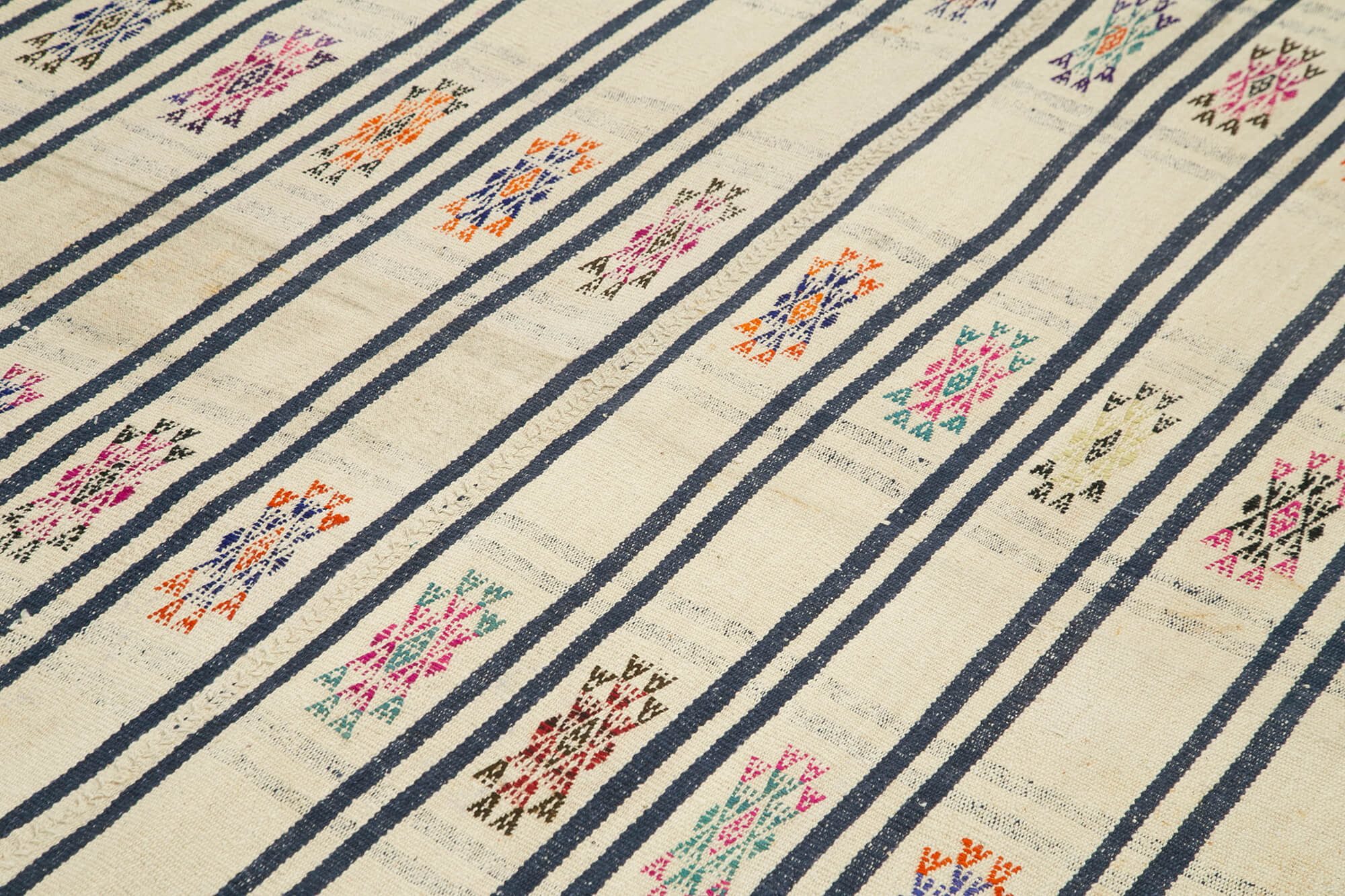 Handmade Area Rug - Anatolian Kilim White Striped Cotton Wool Carpet 6'5''x9'5''