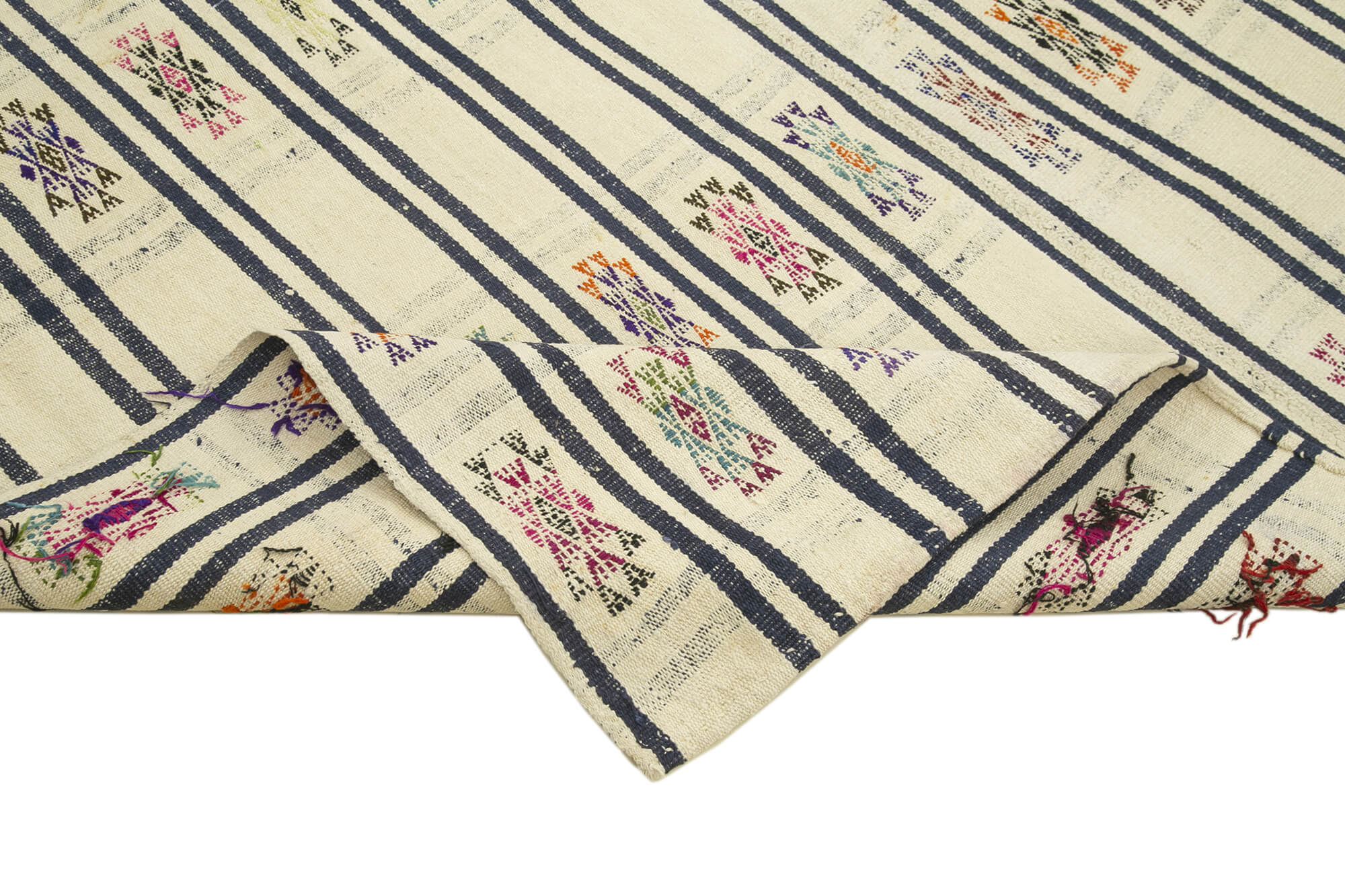Handmade Area Rug - Anatolian Kilim White Striped Cotton Wool Carpet 6'5''x9'5''