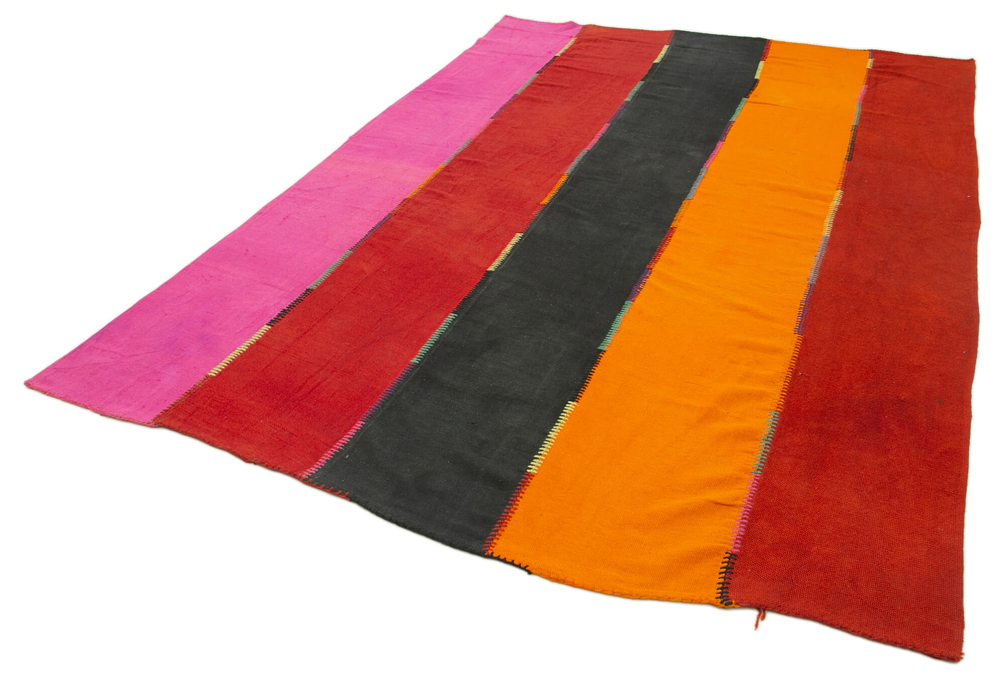 Handmade Area Rug - Anatolian Kilim White Striped Cotton Wool Rug 6'8''x9'10''