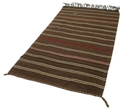 Handmade Area Rug - Anatolian Kilim Brown Striped Cotton Wool Carpet 3'6''x6'5''
