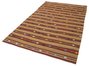 Handmade Area Rug | Anatolian Kilim Brown Striped Cotton Wool 5'2''x8'6''