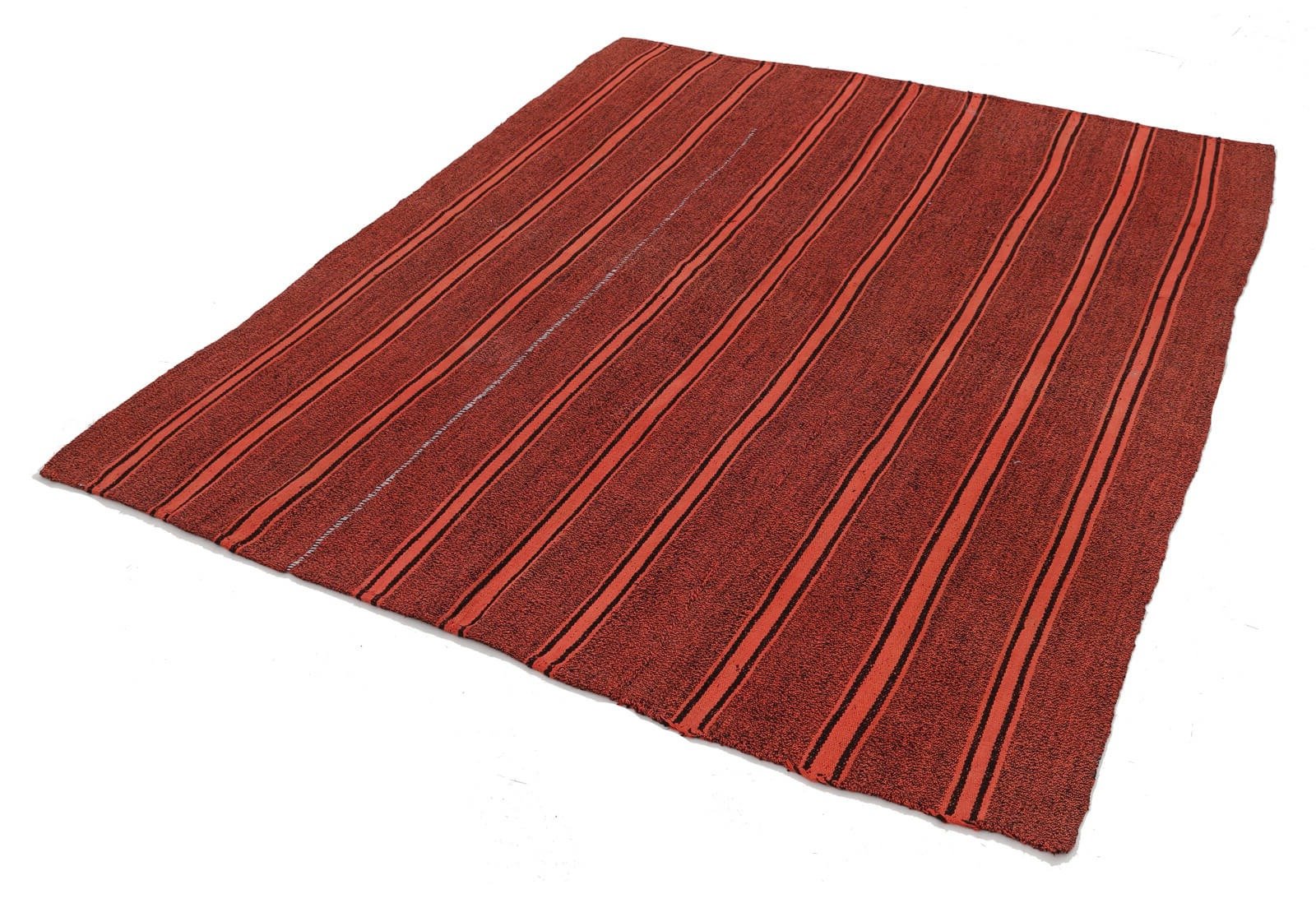 Handmade Area Rug – Anatolian Kilim Red Striped Cotton Wool Carpet 6x7 Feet