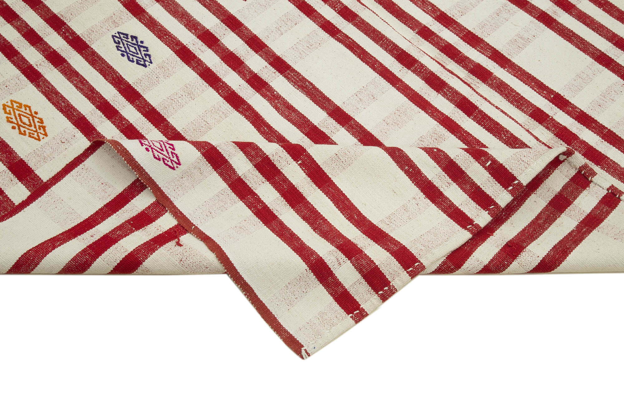 Handmade Area Rug - Anatolian Kilim Red Striped Cotton Wool Carpet 6'5''x8'6''