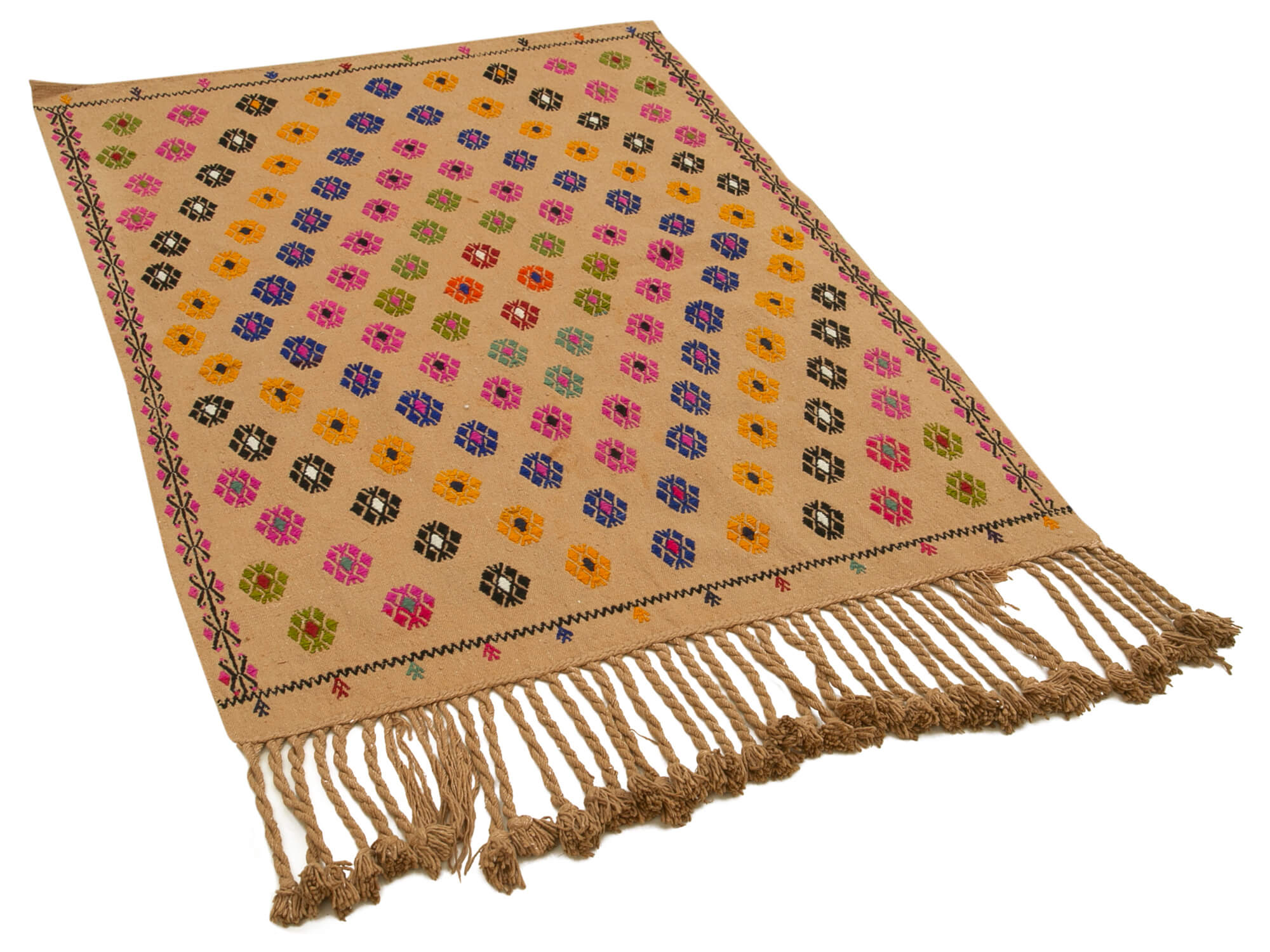 Handmade Area Rug - Anatolian Kilim Yellow Floral Cotton Wool Blend 3'3''x4'7''