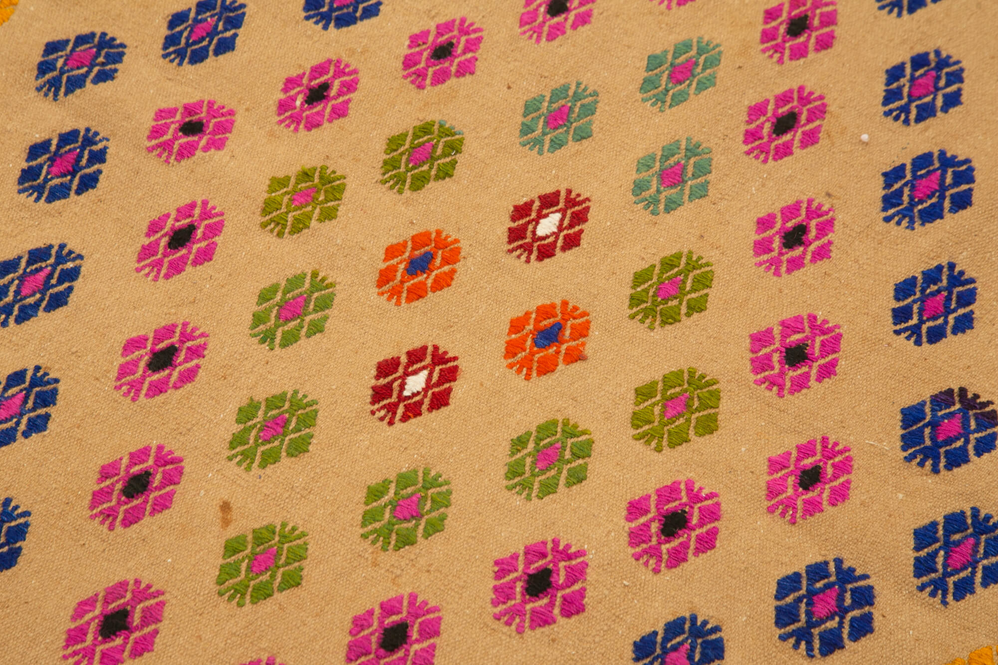 Handmade Area Rug - Anatolian Kilim Yellow Floral Cotton Wool Blend 3'3''x4'7''