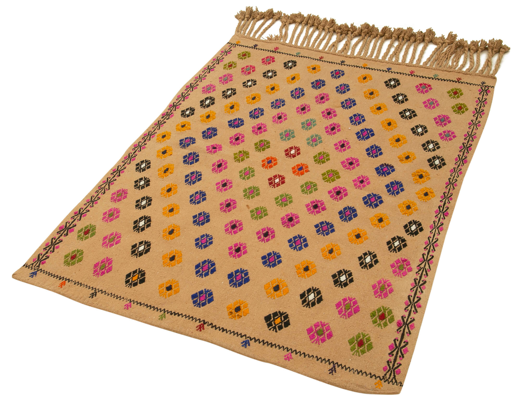 Handmade Area Rug - Anatolian Kilim Yellow Floral Cotton Wool Blend 3'3''x4'7''