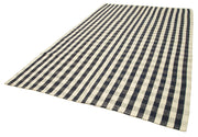 Handmade Area Rug | Anatolian Kilim Black Striped Cotton Wool Carpet 6'9''x10'8''