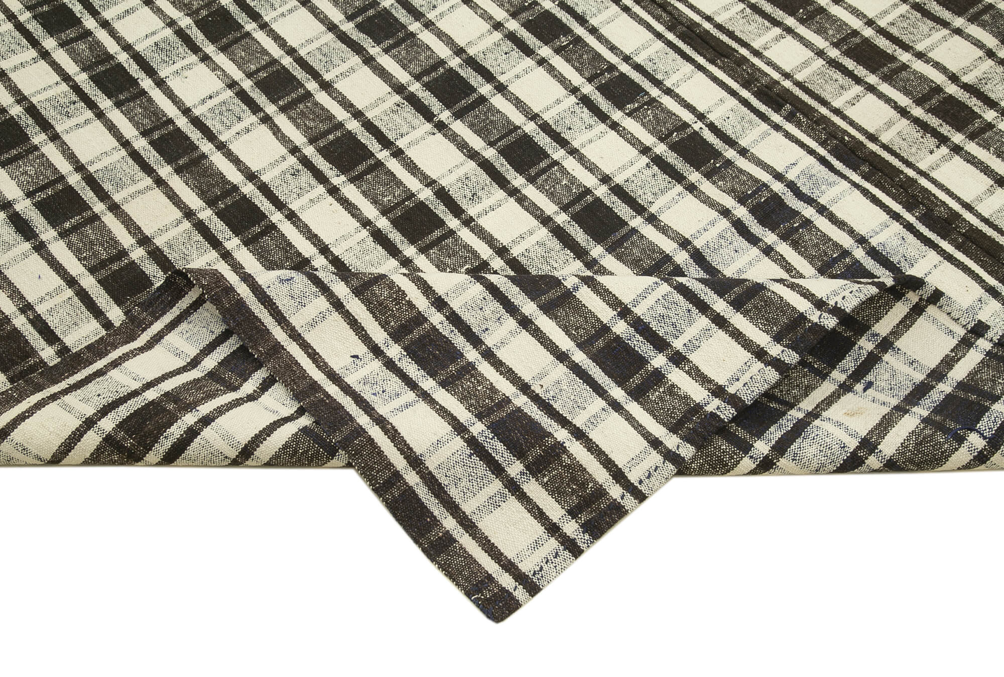 Handmade Area Rug - Anatolian Kilim Black Striped Cotton Wool Carpet 7'0''x11'6''
