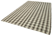Handmade Area Rug - Anatolian Kilim Black Striped Cotton Wool Carpet 7'0''x11'6''