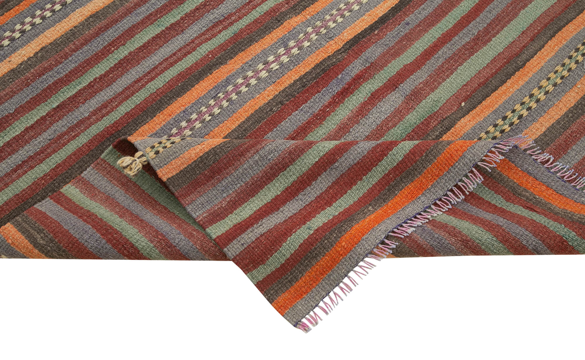 Handmade Area Rug - Anatolian Kilim Orange Striped Cotton Wool Carpet 4'5''x8'7''