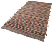 Handmade Area Rug - Anatolian Kilim Orange Striped Cotton Wool Carpet 4'5''x8'7''