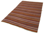 Handmade Area Rug | Anatolian Kilim Orange Striped Cotton Wool Carpet 4'10''x8'