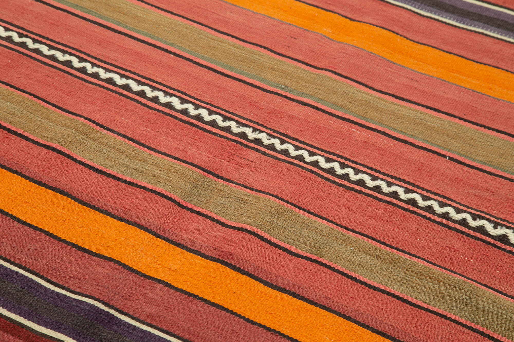 Handmade Area Rug - Anatolian Kilim Orange Striped Cotton Wool Carpet 5'0''x8'9''