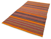 Handmade Area Rug - Anatolian Kilim Orange Striped Cotton Wool Carpet 5'0''x8'9''