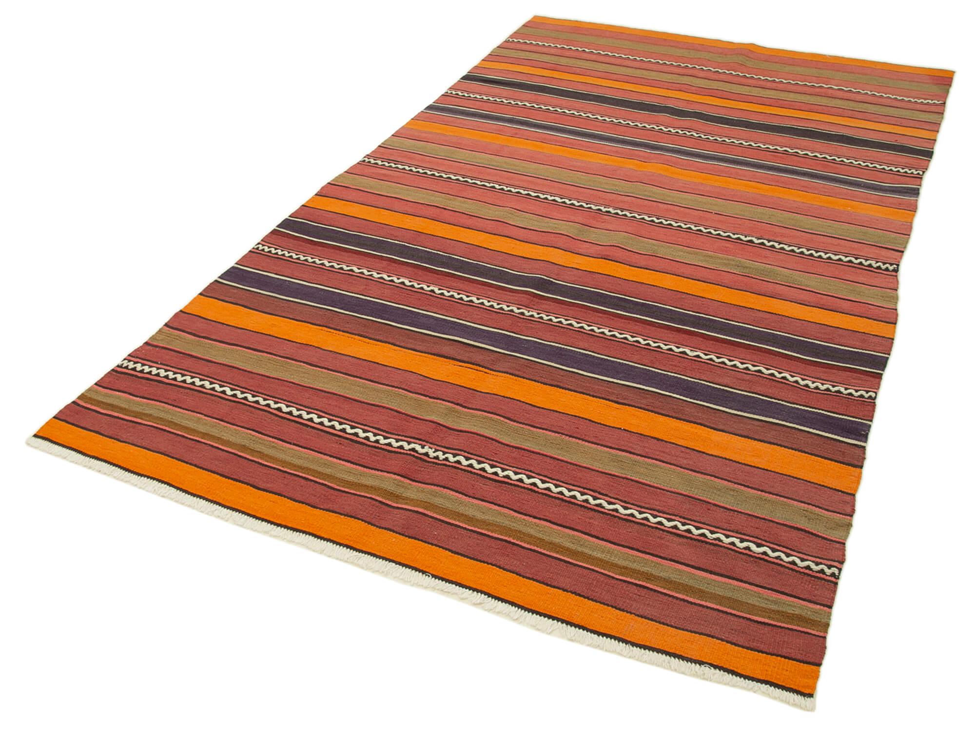 Handmade Area Rug - Anatolian Kilim Orange Striped Cotton Wool Carpet 5'0''x8'9''
