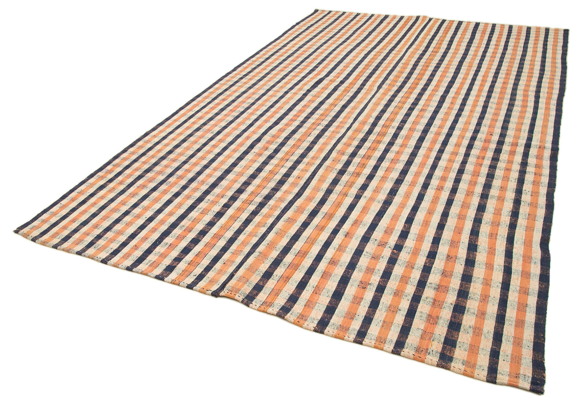 Handmade Area Rug – Anatolian Kilim Orange Striped Cotton Wool Rug 6'11''x11'1''