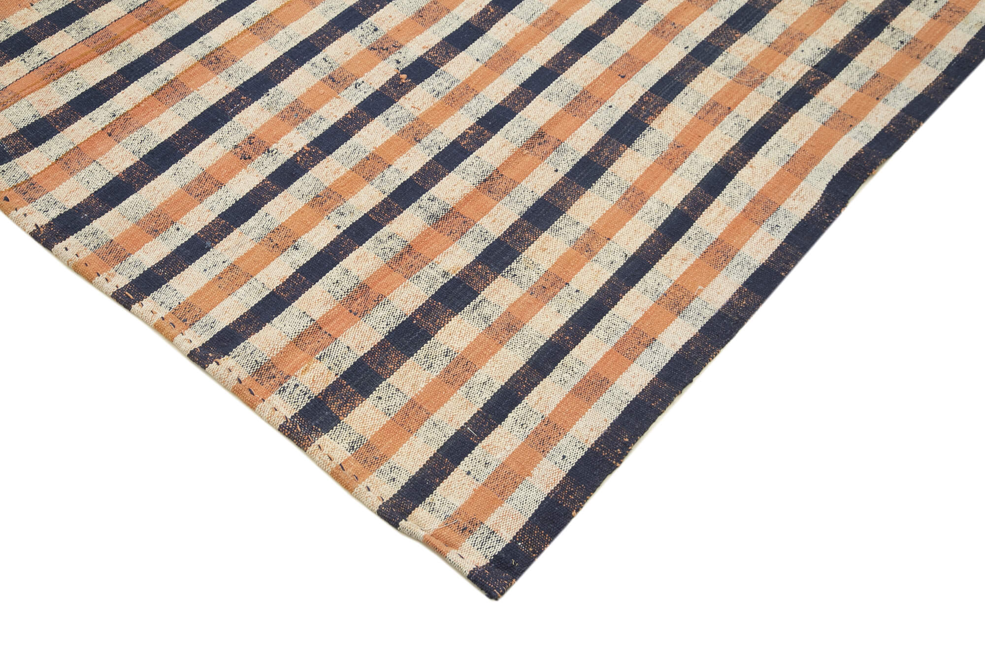 Handmade Area Rug – Anatolian Kilim Orange Striped Cotton Wool Rug 6'11''x11'1''