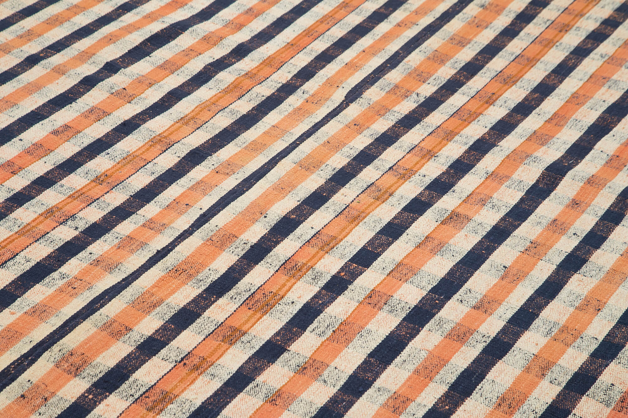 Handmade Area Rug – Anatolian Kilim Orange Striped Cotton Wool Rug 6'11''x11'1''