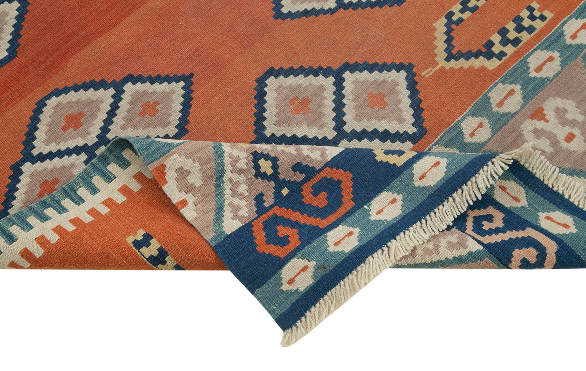 Handmade Area Rug – Anatolian Kilim Orange Geometric Cotton Wool Carpet 3'7''x5'5''
