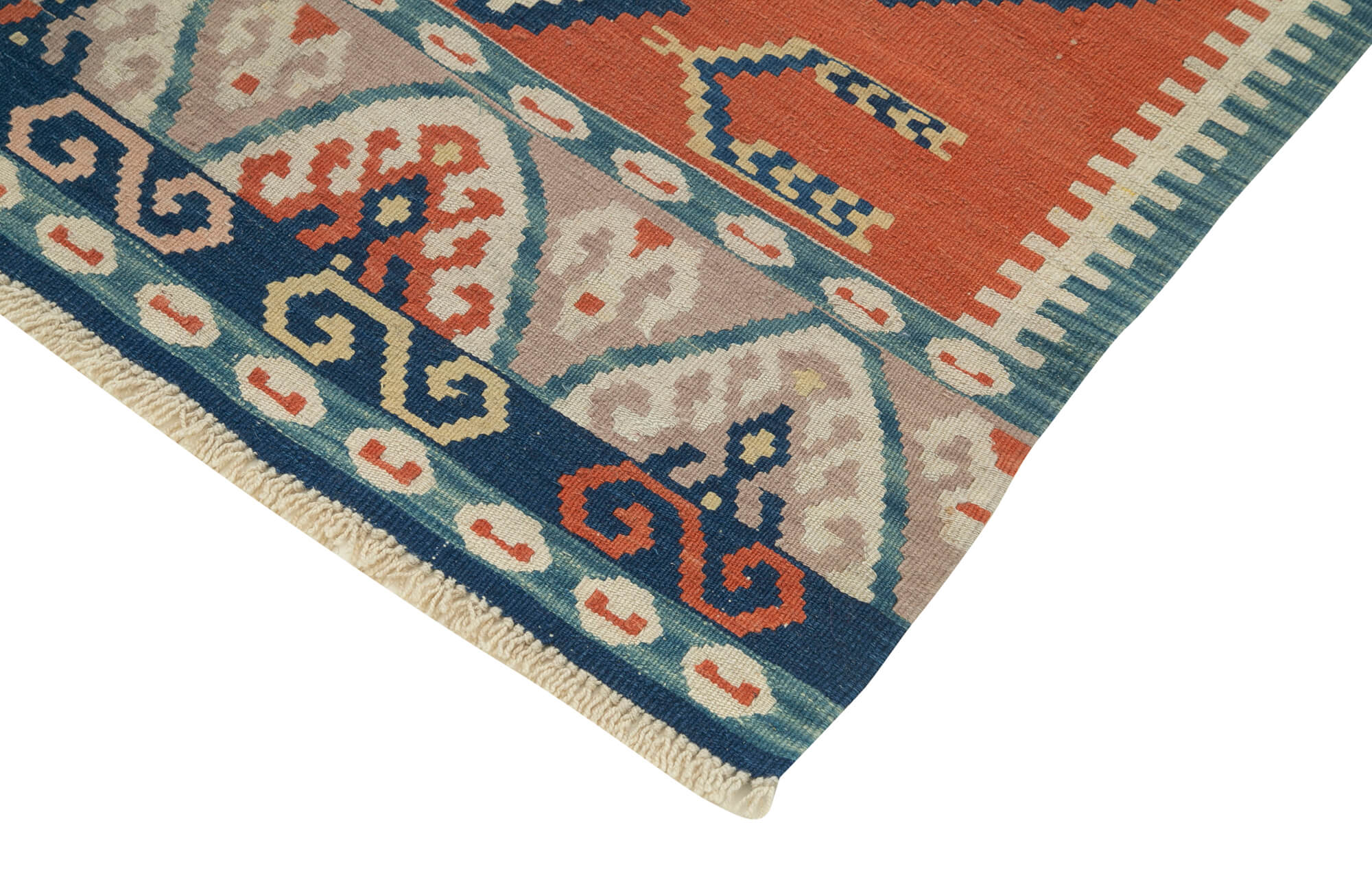 Handmade Area Rug – Anatolian Kilim Orange Geometric Cotton Wool Carpet 3'7''x5'5''