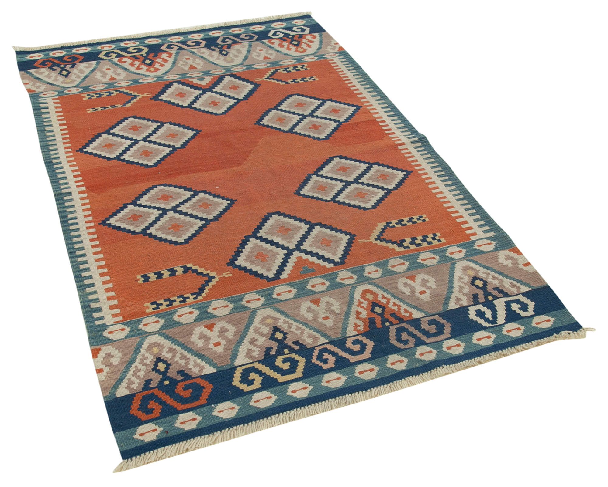 Handmade Area Rug – Anatolian Kilim Orange Geometric Cotton Wool Carpet 3'7''x5'5''
