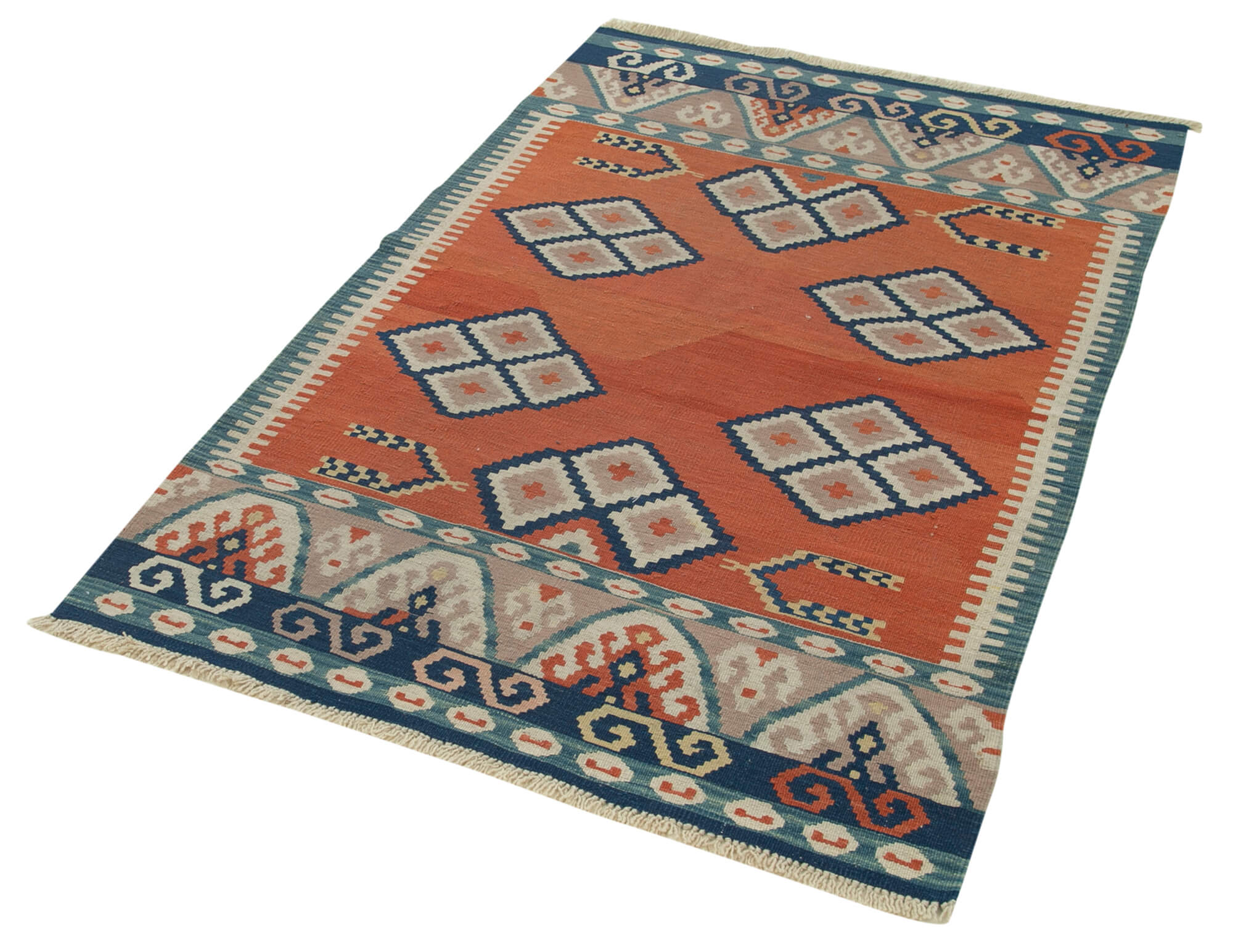 Handmade Area Rug – Anatolian Kilim Orange Geometric Cotton Wool Carpet 3'7''x5'5''