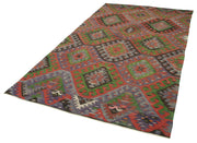 Handmade Area Rug | Anatolian Kilim Green Geometric Cotton Wool Carpet 5'5''x9'6''