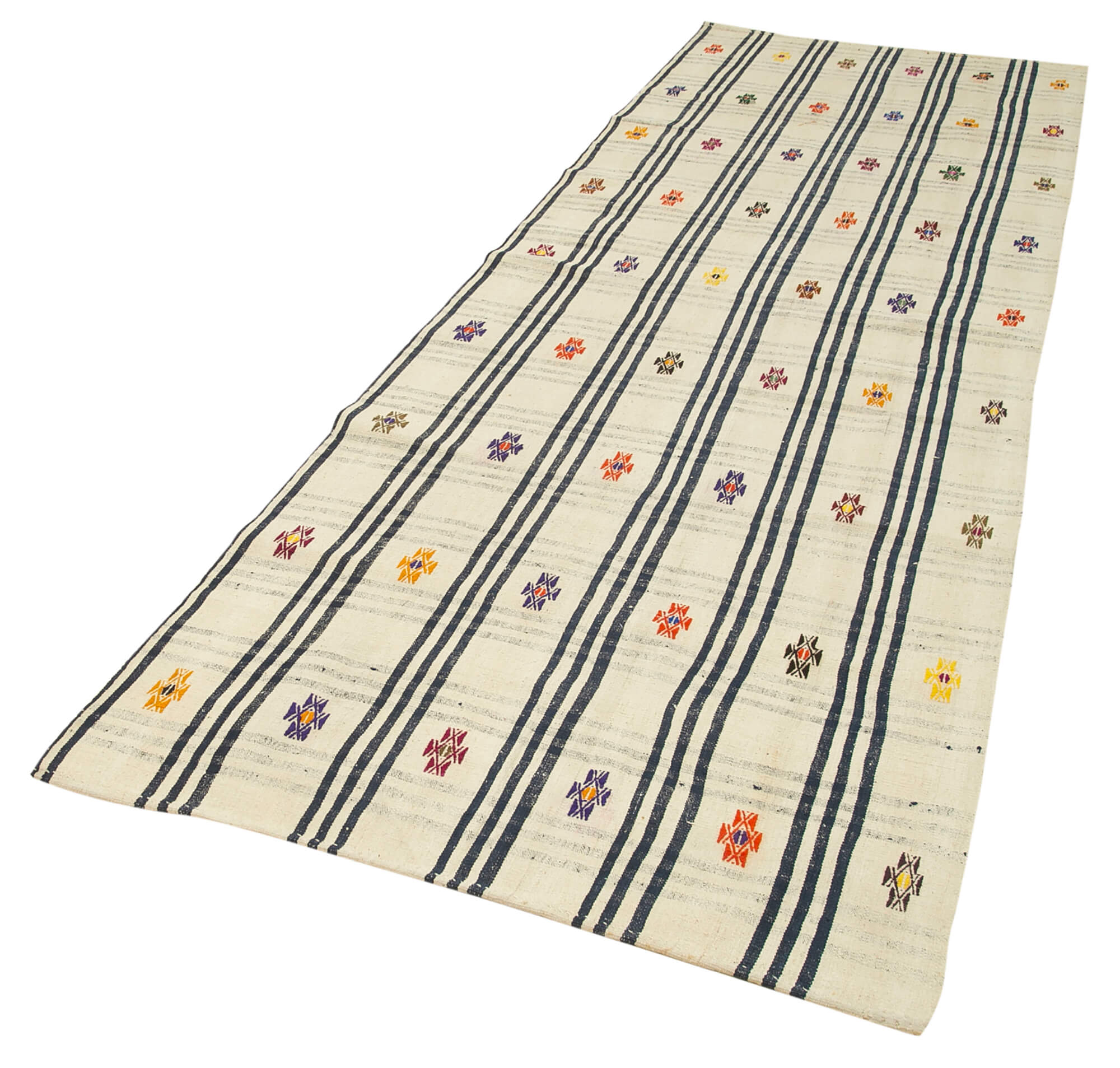 Handmade Wool Area Rug – Anatolian Runner Rug, Beige Striped Cotton Wool Carpet 3'9''x11'11''