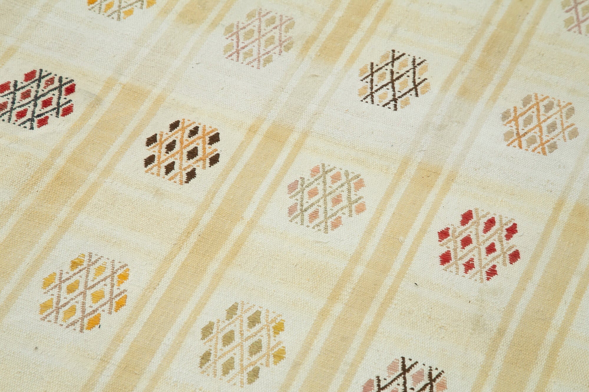 Handmade Area Rug - Anatolian Runner Rug | Beige Striped Cotton Wool Carpet 3'10''x9'7''
